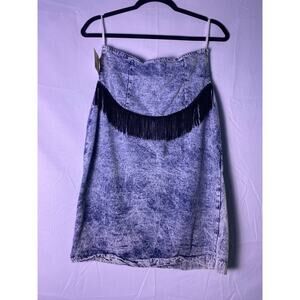 Vintage 80s JON Acid Wash Blue Denim Fringe Ribcage Skirt Women's Size 9